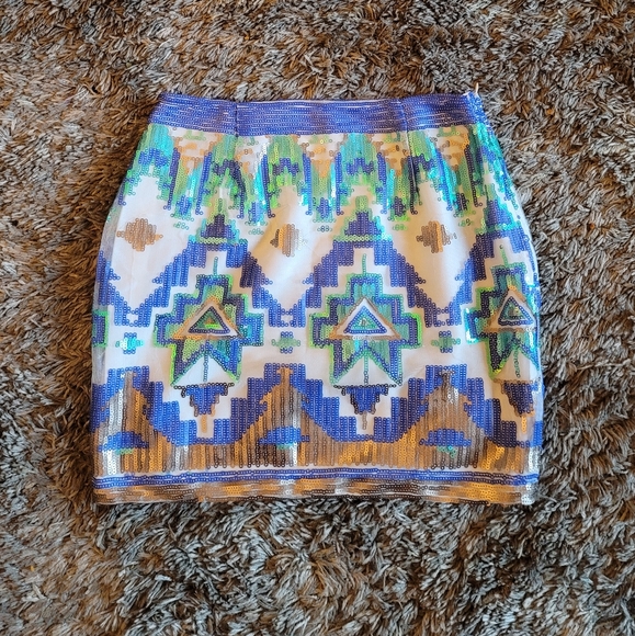 Tobi Blue Multicolor Sequined Aztec Mini Skirt S - Picture 2 of 8